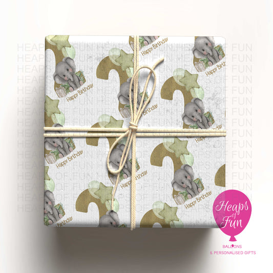 Personalised Elephant Wrapping Paper with Age – Custom Name Birthday Gift Wrap (Ages 1–9)