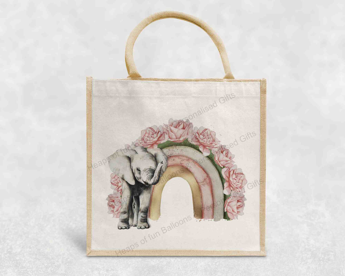 Floral Elephant Rainbow  Eco-Friendly Jute Bag