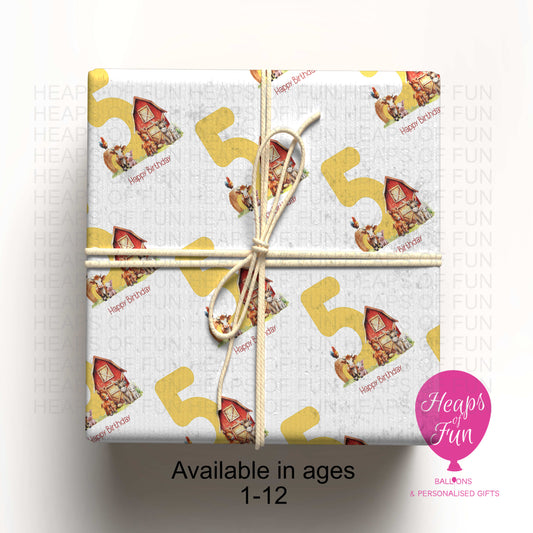 Personalised Farm Birthday Wrapping Paper – Farm Animals Number Gift Wrap (Ages 1–12)