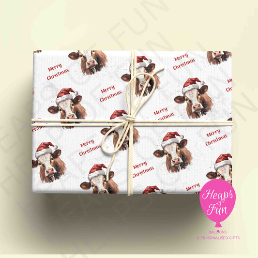 Personalised Festive Cow Christmas Wrapping Paper – Custom Name Gift Wrap
