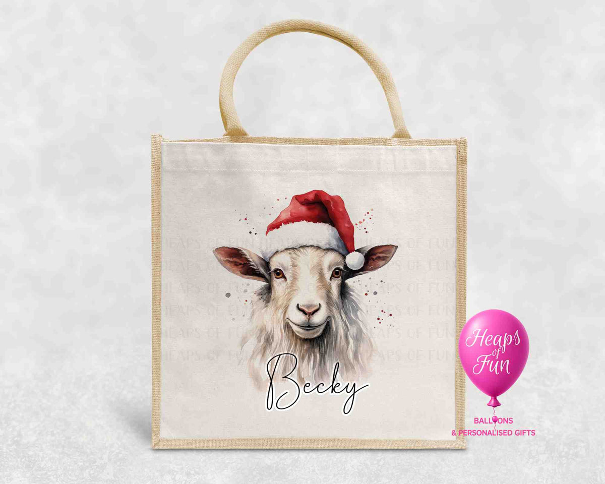 Personalised Christmas jute bag with watercolour goat in Santa hat and name