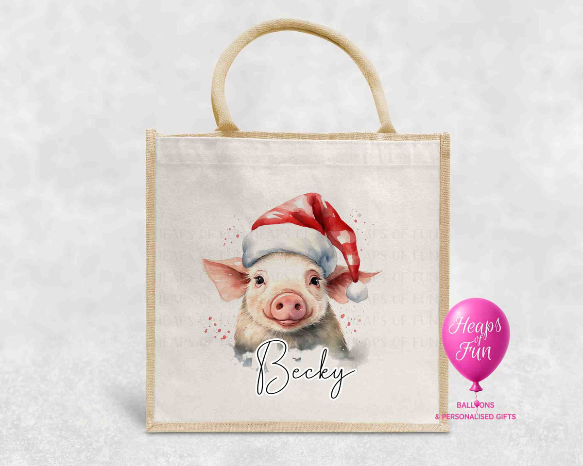 Personalised Christmas jute bag with watercolour piglet in Santa hat and name