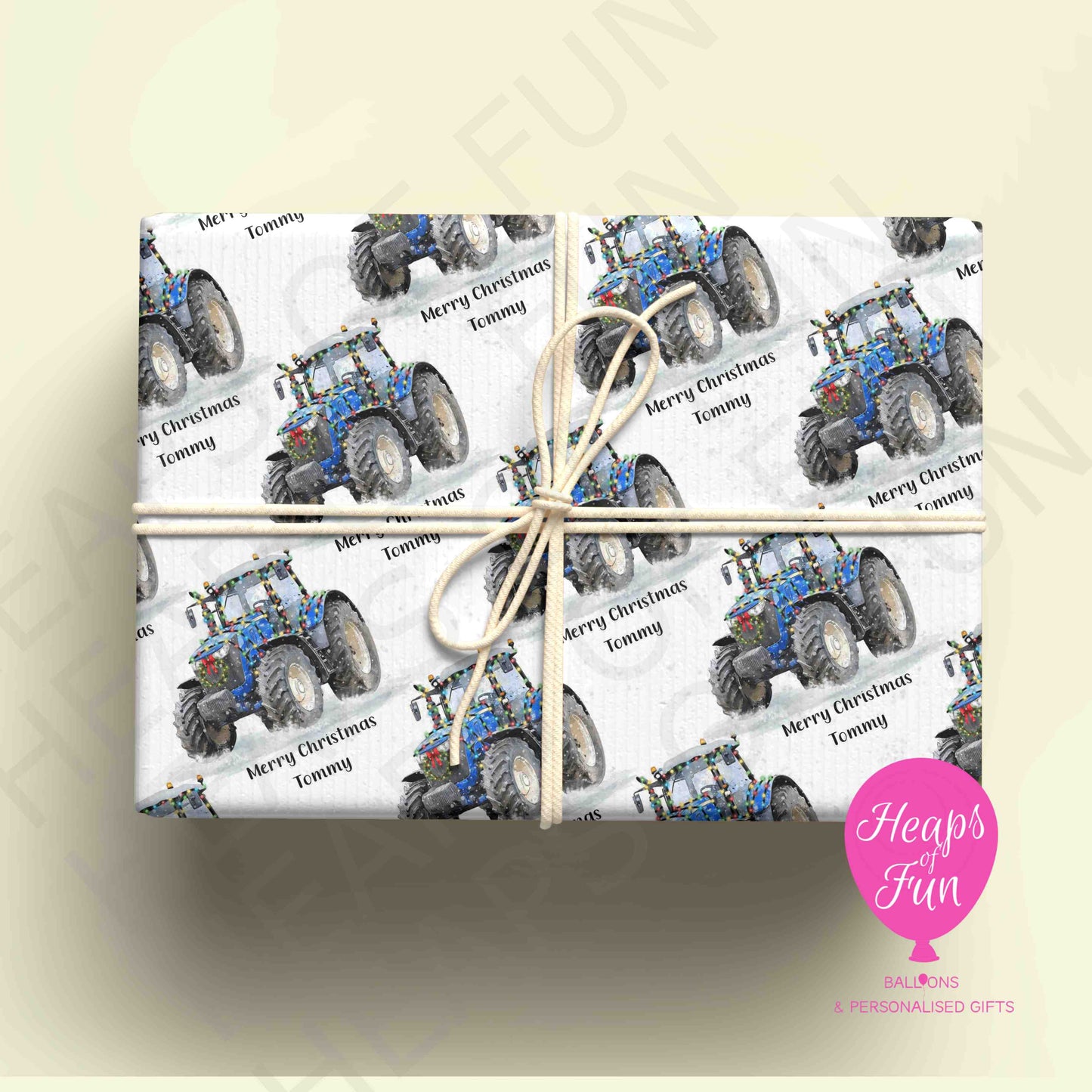 Personalised Festive Blue Tractor Christmas Wrapping Paper – Custom Name Gift Wrap
