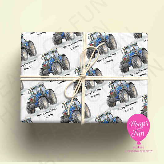 Personalised Festive Blue Tractor Christmas Wrapping Paper – Custom Name Gift Wrap