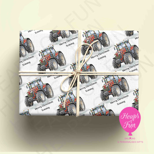 Personalised Festive Red Tractor Christmas Wrapping Paper – Custom Name Gift Wrap