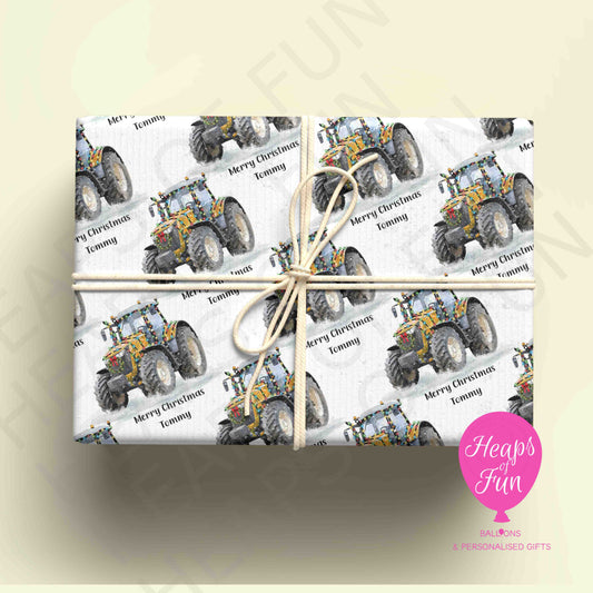 Personalised Festive Yellow Tractor Christmas Wrapping Paper – Custom Name Gift Wrap