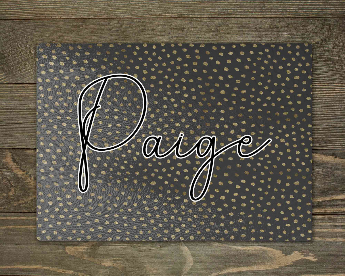 Personalised glass makeup board with black and gold glitter spots and script name