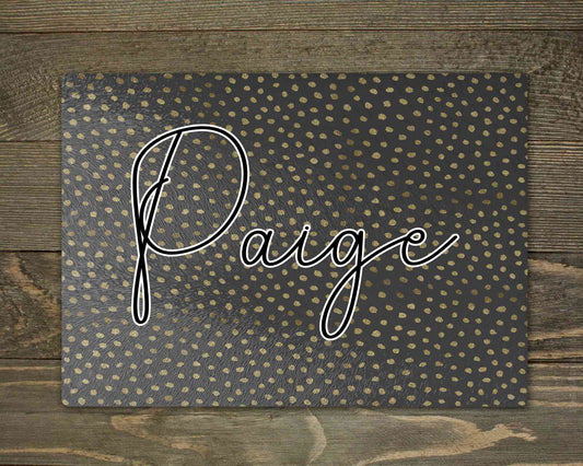 Personalised glass makeup board with black and gold glitter spots and script name