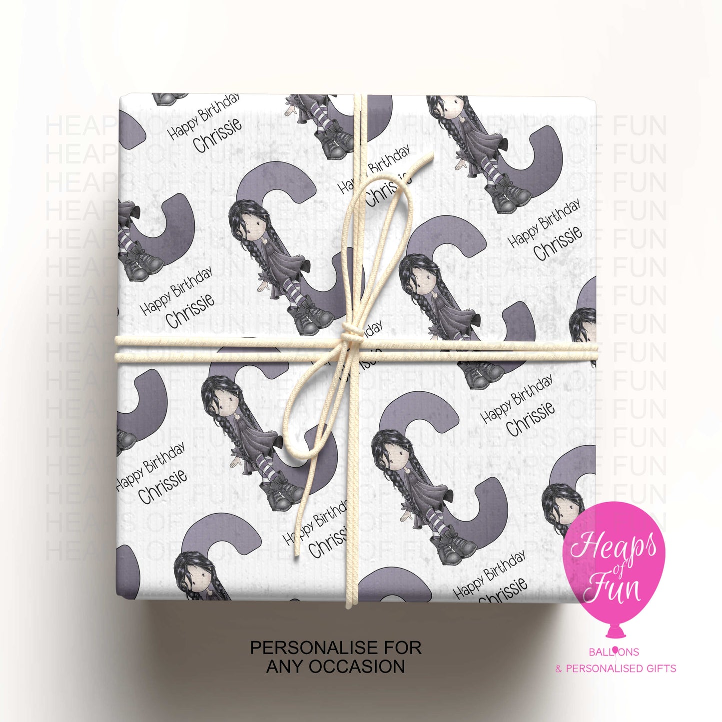 Personalised Gothic Girl Initial Wrapping Paper – Dark Cute Custom Name Gift Wrap