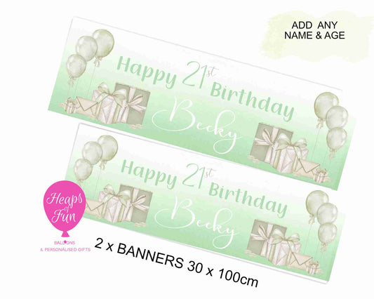“Personalised green balloon and present birthday banner – custom milestone design 30x100cm”