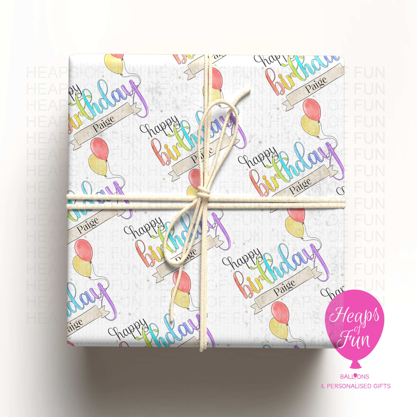 Personalised Happy Birthday Wrapping Paper – Colourful Custom Name Gift Wrap with Balloons