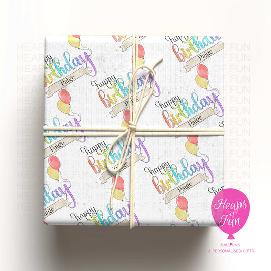 Personalised Happy Birthday Wrapping Paper – Colourful Custom Name Gift Wrap with Balloons