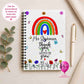 Personalised spiral-bound teacher notebook featuring a colourful rainbow, butterflies, wildflowers, and "Thank You for Helping Me Grow" wording, customised with the teacher's name and available with lined or plain pages.