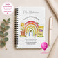Personalised spiral-bound teacher notebook featuring a colourful rainbow, flowers, crayons, and "Thank You for Helping Me Grow" design, customised with the teacher's name and available with lined or plain pages.
