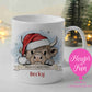 Personalised Highland cow Christmas mug in Santa hat with Moo-y Christmas banner and name