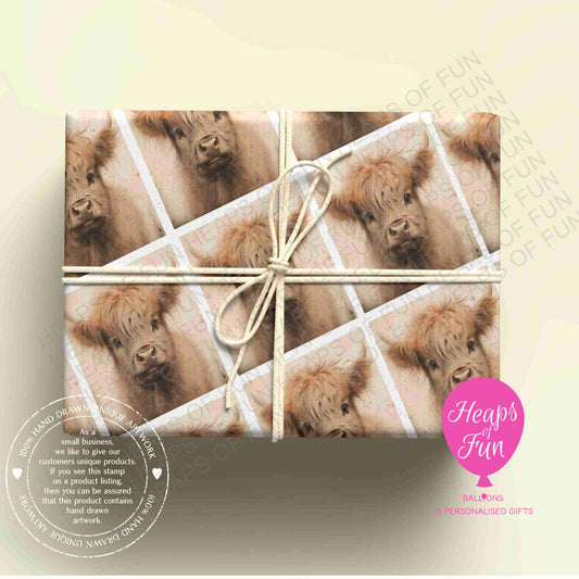 Highland Cow Wrapping Paper – Cute Highland Cow Gift Wrap – Farm Animal Wrapping Paper for Birthdays & Gifts