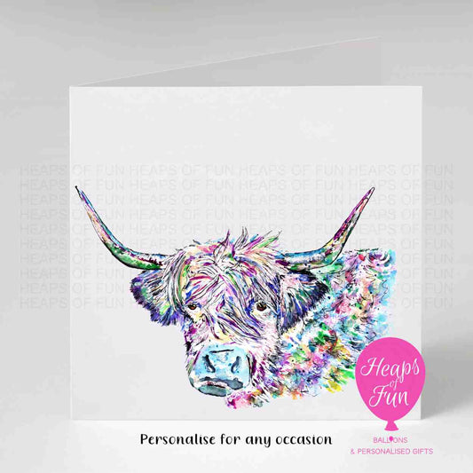 Personalised Highland Cow Greeting Card | Colourful Scottish Cow Card