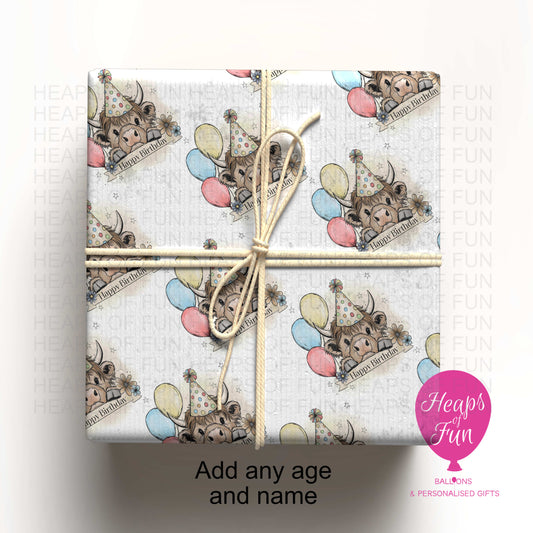 Personalised Highland Cow Birthday Wrapping Paper – Custom Name & Age Cute Farm Gift Wrap