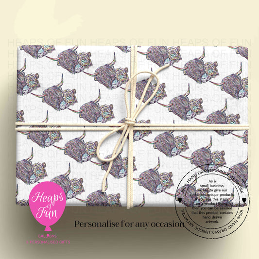 Personalised Highland Cow & Calf Wrapping Paper | Custom Name Gift Wrap for Birthday, Retirement ,  & Any Special Occasion,  Farm Animal Gift Wrap , From £2.99