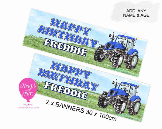 Personalised Blue Tractor Banner - Any name and Age