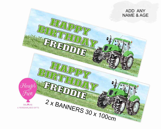 Personalised tractor party banner with custom name – 30x100cm, farm birthday decoration”