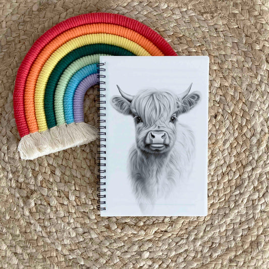 Personalised Custom A5 Sketchy Highland Cow Themed Notebook | Lined or Plain | Matching Wrapping Paper | 60 Pages | Wire Bound