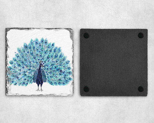 Peacock Slate Coaster, Personalised Coaster, Peacock Gift