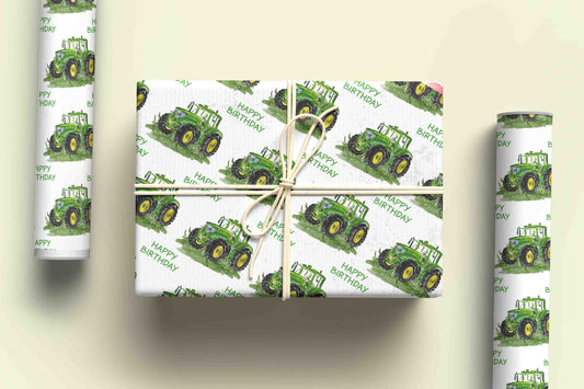 Green & Yellow Tractor Wrapping Paper - Personalised Gift Wrap.