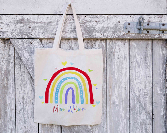 Personalised Rainbow Teacher Tote Bag, Teacher Thank You Gift,