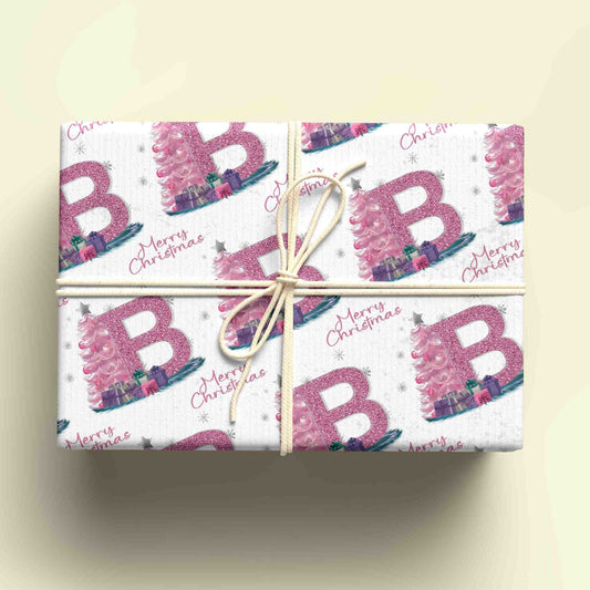 Personalised Pink Christmas Tree Initial Wrapping Paper - Custom Name Gift Wrap Unique Xmas Gift Wrap - UK Seller