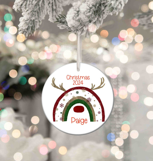 Personalised Christmas Reindeer Rainbow, Christmas 2024 Aluminium Christmas Baubles - 76mm Size, Lightweight Keepsake Decoration