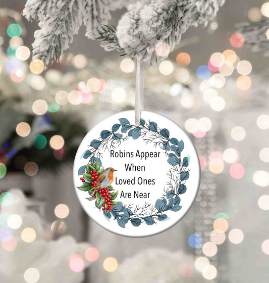 Christmas Memorial Aluminium Christmas Baubles, Robins Appear When Loved Ones are Near - 76mm Size, Lightweight Keepsake Decoration