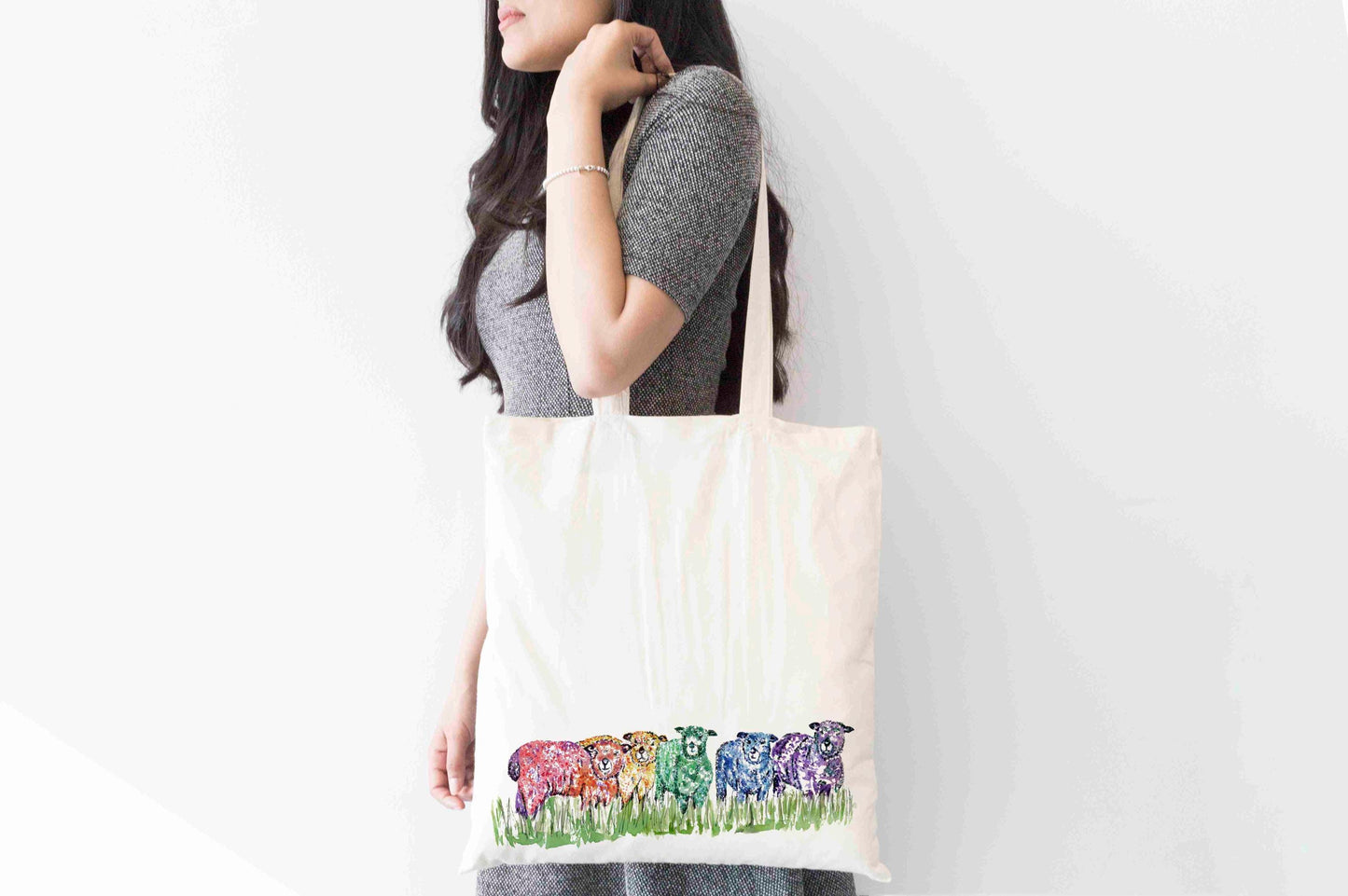 Personalised Rainbow Lamb Tote Bag, Animal Themed Shopping Bag,  Eco-Friendly Reusable Bag, School Bag