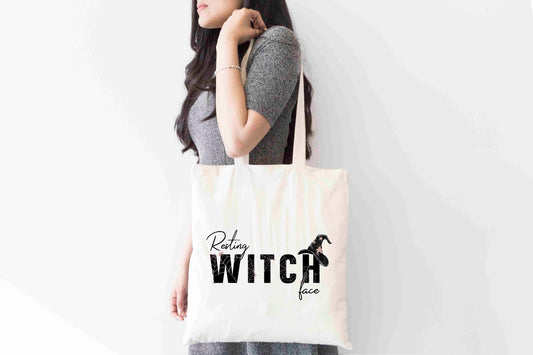 Resting Witch Face Tote Bag, Halloween Themed Shopping Bag,  Eco-Friendly Reusable Bag, School Bag