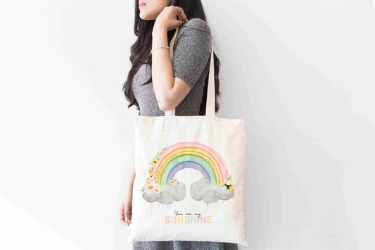 You are my sunshine Rainbow Tote Bag, Custom Named Shopping Bag,  Eco-Friendly Reusable Bag, School Bag