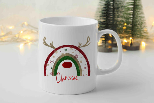 Personalised Reindeer Rainbow Christmas Mug | Custom Name Mug | Festive Hot Chocolate Cup | Christmas Gift for Him & Her | Holiday Drinkware