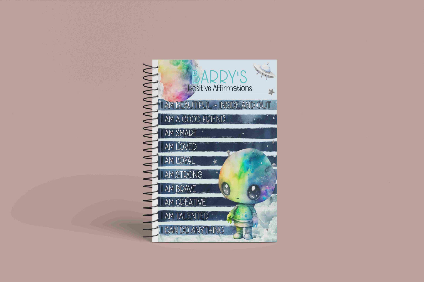 Personalised A5 Positive Affirmations Notebook | Alien Design | 60 Pages Lined or Plain | Custom Motivational Journal | Unique Gift