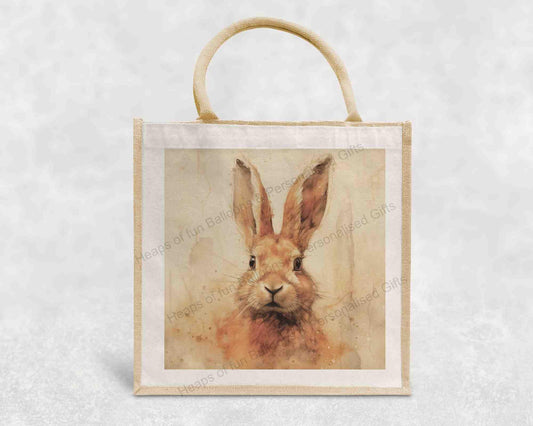 Hare Eco-Friendly Jute Bag with our Animal Design | Reusable Shopping Tote 30 x 30 x 19 cm | Sustainable Gift