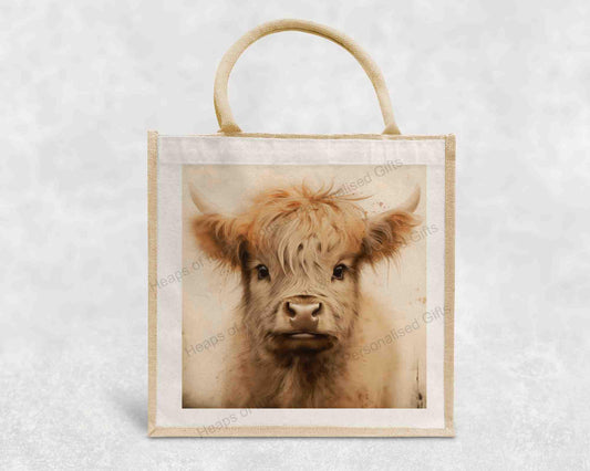 Highland Cow Eco-Friendly Jute Bag with our Animal Design | Reusable Shopping Tote 30 x 30 x 19 cm | Sustainable Gift