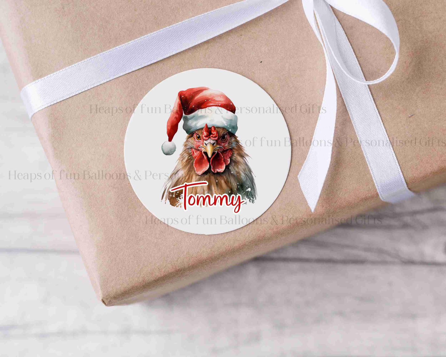 24 Personalised Gloss Christmas Sticker Labels, Christmas Gift Labels, Festive Chicken Christmas Stickers