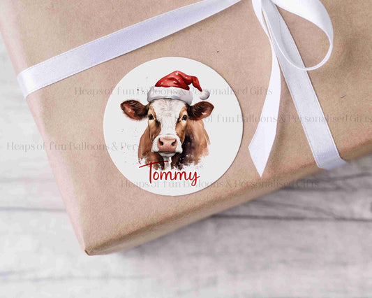 24 Personalised Gloss Christmas Sticker Labels, Christmas Gift Labels, Festive Cow Christmas Stickers