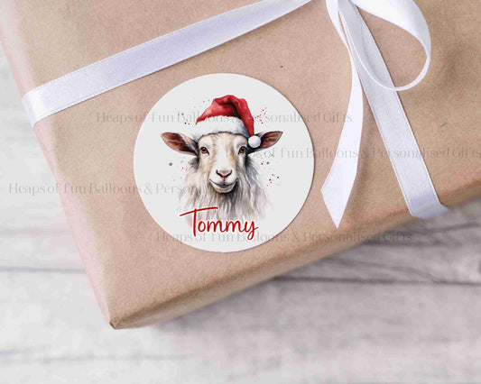 24 Personalised Gloss Christmas Sticker Labels, Christmas Gift Labels, Festive Goat Christmas Stickers