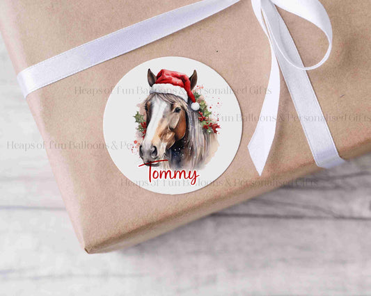 24 Personalised Gloss Christmas Sticker Labels, Christmas Gift Labels, Festive Horse Christmas Stickers