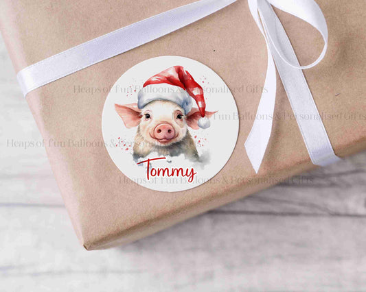 24 Personalised Gloss Christmas Sticker Labels, Christmas Gift Labels, Festive Pig Christmas Stickers