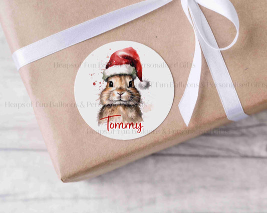 24 Personalised Gloss Christmas Sticker Labels, Christmas Gift Labels, Festive Rabbit Christmas Stickers