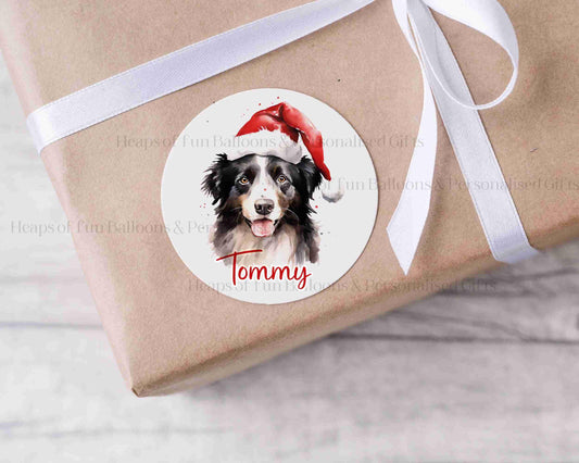 24 Personalised Gloss Christmas Sticker Labels, Christmas Gift Labels, Festive Sheep Dog Christmas Stickers