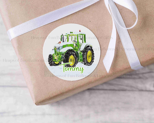 24 Personalised Gloss Christmas Sticker Labels, Christmas Gift Labels, Green Tractor Christmas Stickers