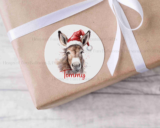 24 Personalised Gloss Christmas Sticker Labels, Christmas Gift Labels, Festive Donkey Christmas Stickers