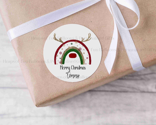 24 Personalised Gloss Christmas Sticker Labels, Christmas Gift Labels, Reindeer Rainbow Christmas Stickers