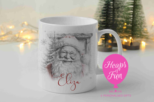 Personalised vintage pencil sketch Santa Christmas mug with name in red script